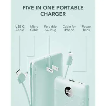 Compact VRURC 10000mAh Portable Charger with Built-in Cables