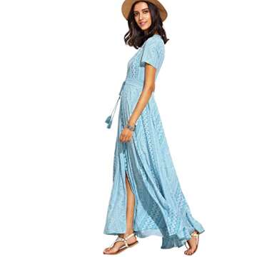 Milumia Women Button Up Floral Print Split Flowy Maxi Party Summer Dress Light Blue Medium