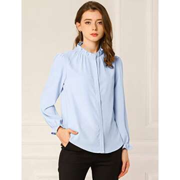 Allegra K Women's Ruffled Button Down Shirts 1950's Vintage Long Sleeve Mock Neck Chiffon Blouse Medium Light Blue