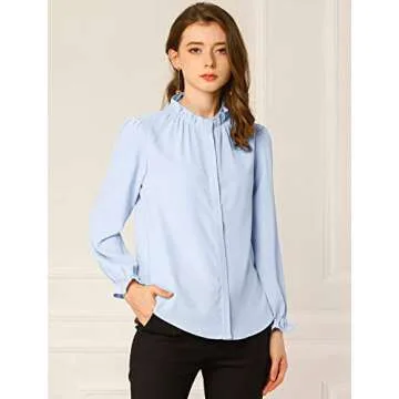 Allegra K Women's Ruffled Button Down Shirts 1950's Vintage Long Sleeve Mock Neck Chiffon Blouse Medium Light Blue