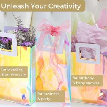 VUOJUR 3pcs Holographic Small Gift Bags 8.3x8x4'' Clear Reusable Birthday Gift Bags for Women Girls Iridescent Christmas Wedding Gift Bags with Handle