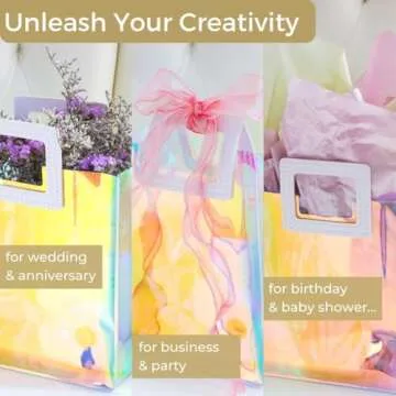 VUOJUR 3pcs Holographic Small Gift Bags 8.3x8x4'' Clear Reusable Birthday Gift Bags for Women Girls Iridescent Christmas Wedding Gift Bags with Handle