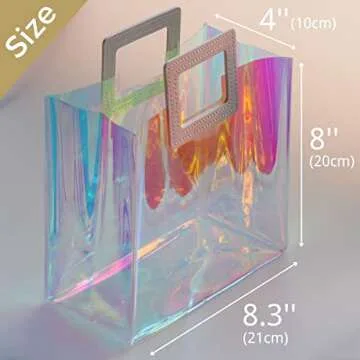 VUOJUR 3pcs Holographic Small Gift Bags 8.3x8x4'' Clear Reusable Birthday Gift Bags for Women Girls Iridescent Christmas Wedding Gift Bags with Handle