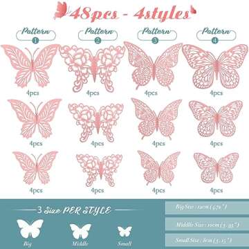 3D Pink Butterfly Wall Decor 3 Sizes 4 Styles Butterfly Party Decorations Cake Decorations Removable...