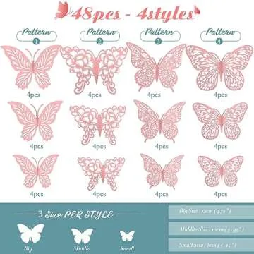 3D Pink Butterfly Wall Decor 3 Sizes 4 Styles Butterfly Party Decorations Cake Decorations Removable...