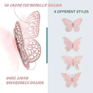 3D Pink Butterfly Wall Decor 3 Sizes 4 Styles Butterfly Party Decorations Cake Decorations Removable Stickers Wall Decor Room Mural Metallic Kids (Pink, 48Pcs)