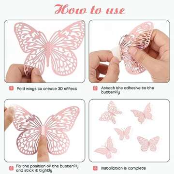 3D Pink Butterfly Wall Decor 3 Sizes 4 Styles Butterfly Party Decorations Cake Decorations Removable Stickers Wall Decor Room Mural Metallic Kids (Pink, 48Pcs)