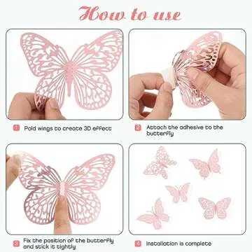 3D Pink Butterfly Wall Decor 3 Sizes 4 Styles Butterfly Party Decorations Cake Decorations Removable Stickers Wall Decor Room Mural Metallic Kids (Pink, 48Pcs)