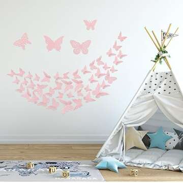 3D Pink Butterfly Wall Decor 3 Sizes 4 Styles Butterfly Party Decorations Cake Decorations Removable Stickers Wall Decor Room Mural Metallic Kids (Pink, 48Pcs)