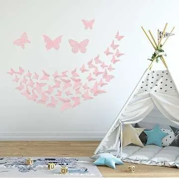 3D Pink Butterfly Wall Decor 3 Sizes 4 Styles Butterfly Party Decorations Cake Decorations Removable Stickers Wall Decor Room Mural Metallic Kids (Pink, 48Pcs)
