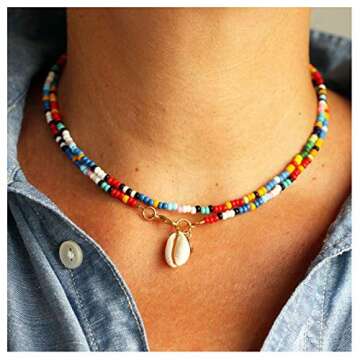 Riymusry Bead Choker,Bohemian Colorful Bead Choker Necklace Summer Beach Shell Necklace Adjustable H...