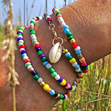 Riymusry Bead Choker,Bohemian Colorful Bead Choker Necklace Summer Beach Shell Necklace Adjustable Hawaii Style Boho Beach for Women (Color 1)