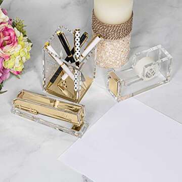 Punch & Stick | Stationery & Desk Accessories | Pen Holder, Stapler & Tape Dispenser | Gold & Clear Acrylic Lucite | Office Desk Accessories | Office Gift Set