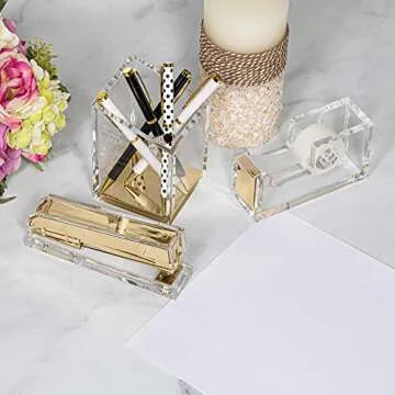 Punch & Stick | Stationery & Desk Accessories | Pen Holder, Stapler & Tape Dispenser | Gold & Clear Acrylic Lucite | Office Desk Accessories | Office Gift Set