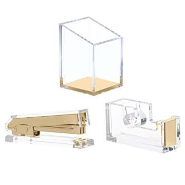 Punch & Stick | Stationery & Desk Accessories | Pen Holder, Stapler & Tape Dispenser | Gold & Clear Acrylic Lucite | Office Desk Accessories | Office Gift Set