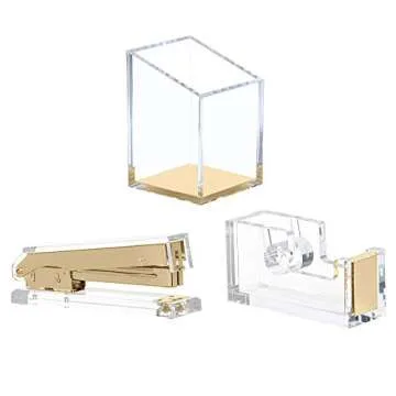 Punch & Stick | Stationery & Desk Accessories | Pen Holder, Stapler & Tape Dispenser | Gold & Clear Acrylic Lucite | Office Desk Accessories | Office Gift Set