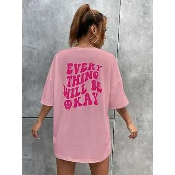 SOLY HUX Women's Oversized T Shirts Graphic Tees Letter Print Casual Trendy Summer Loose Tops Dusty Pink M