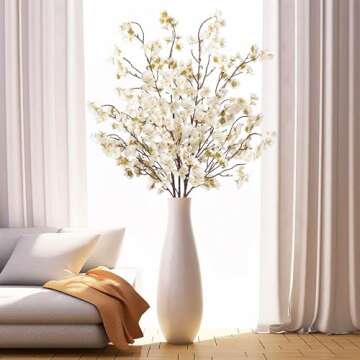 Ammyoo 4 Pcs Artificial Cherry Blossom Flower Branches, Bulk Silk Faux Flowers Real Touch Bouquet for Home Wedding Party Centerpieces Spring Summer Decor, Vase Not Included (White)