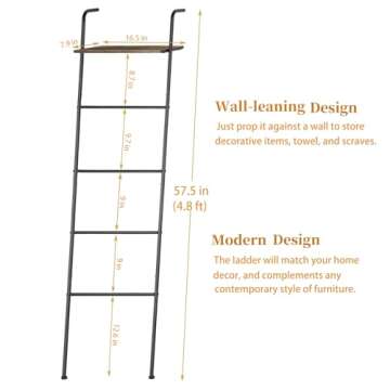 Vrisa Blanket Ladder Wall Leaning Blanket Rack Farmhouse 5-Tier Metal Blanket Holder with Shelf Bath...