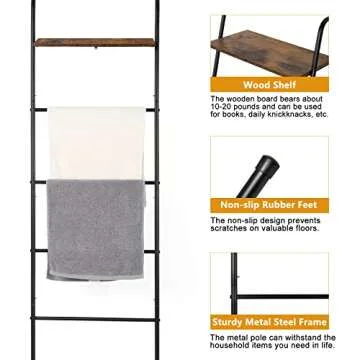 Vrisa Blanket Ladder Wall Leaning Blanket Rack Farmhouse 5-Tier Metal Blanket Holder with Shelf Bath Towel Storage for Bathroom Quilt Bedroom Living Room Pool Black