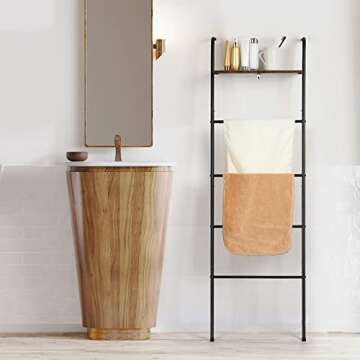 Vrisa Blanket Ladder Wall Leaning Blanket Rack Farmhouse 5-Tier Metal Blanket Holder with Shelf Bath Towel Storage for Bathroom Quilt Bedroom Living Room Pool Black