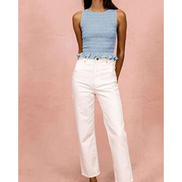 MISSACTIVER Women Casual Frill Smocked Ruffle Hem Crop Tank Top Shirred Crew Neck Sleeveless Slim Fi...