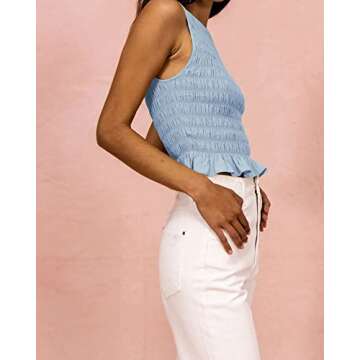 MISSACTIVER Women Casual Frill Smocked Ruffle Hem Crop Tank Top Shirred Crew Neck Sleeveless Slim Fit Solid Crop Vest Tops Blue