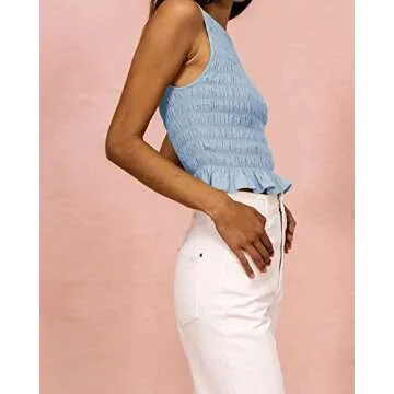 MISSACTIVER Women Casual Frill Smocked Ruffle Hem Crop Tank Top Shirred Crew Neck Sleeveless Slim Fit Solid Crop Vest Tops Blue