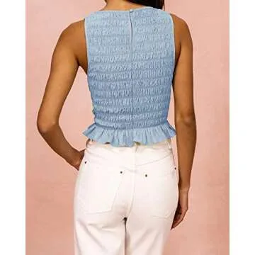MISSACTIVER Women Casual Frill Smocked Ruffle Hem Crop Tank Top Shirred Crew Neck Sleeveless Slim Fit Solid Crop Vest Tops Blue