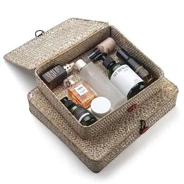 Whitewash Seagrass Basket with Lid Rectangular Decorative Storage Boxes for Shelf Organize Snack Toys Set of 2 (Large+Small)