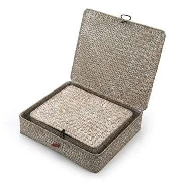 Whitewash Seagrass Basket with Lid Rectangular Decorative Storage Boxes for Shelf Organize Snack Toys Set of 2 (Large+Small)