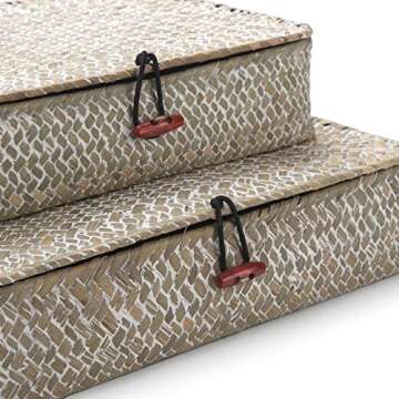 Whitewash Seagrass Basket with Lid Rectangular Decorative Storage Boxes for Shelf Organize Snack Toys Set of 2 (Large+Small)