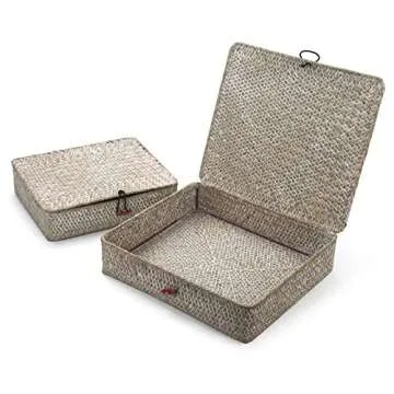 Whitewash Seagrass Basket with Lid Rectangular Decorative Storage Boxes for Shelf Organize Snack Toys Set of 2 (Large+Small)