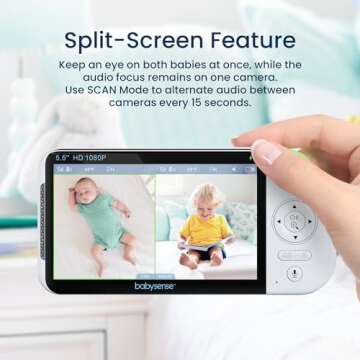 Babysense 5.5” 1080p Full HD Split-Screen Baby Monitor, Video Baby Monitor with 2 Cameras and Audio, 6-Color RGB Night Light, 1000ft Range, Two-Way Audio, 4X Zoom, 5000mAh Battery