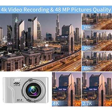 Saneen Digital Camera, 4K Cameras for Photography, 48MP Small & Compact Kids Digital Camera for Teens, Elder, Beginners, 32GB SD Card & 2 Rechargeable Batteries for Christmas Birthday Gifts - Silver