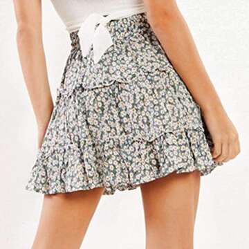 Arjungo Women's Floral Print High Waist with Drawstring Ruffle Flared Boho A Line Skater Mini Skirt