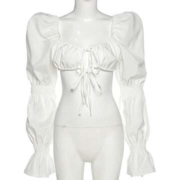 Remidoo Women's Sexy Self Tie Front Ruched Puff Long Sleeve Crop Top Blouse White Medium