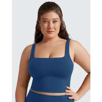 CRZ YOGA Butterluxe Womens Square Neck Longline Sports Bra - Workout Crop Tank Tops Padded Yoga Camisole with Built in Pads French Navy X-Small