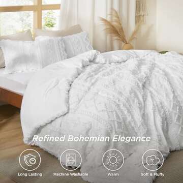 Bedsure Tufted Boho Comforter Set Queen Size - Bright White Boho Bed Set, GentleSoft™ 3 Pieces Far...