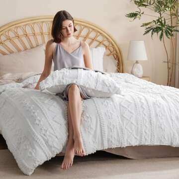 Bedsure Tufted Boho Comforter Set Queen Size - Bright White Boho Bed Set, GentleSoft™ 3 Pieces Farmhouse Shabby Chic Embroidery Bedding, Gifts for Woman, Soft Jacquard Queen Comforter for All Seasons