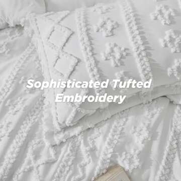 Bedsure Tufted Boho Comforter Set Queen Size - Bright White Boho Bed Set, GentleSoft™ 3 Pieces Farmhouse Shabby Chic Embroidery Bedding, Gifts for Woman, Soft Jacquard Queen Comforter for All Seasons