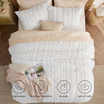 Bedsure Tufted Boho Comforter Set Queen Size - Bright White Boho Bed Set, GentleSoft™ 3 Pieces Farmhouse Shabby Chic Embroidery Bedding, Gifts for Woman, Soft Jacquard Queen Comforter for All Seasons