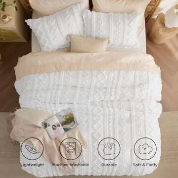 Bedsure Tufted Boho Comforter Set Queen Size - Bright White Boho Bed Set, GentleSoft™ 3 Pieces Farmhouse Shabby Chic Embroidery Bedding, Gifts for Woman, Soft Jacquard Queen Comforter for All Seasons