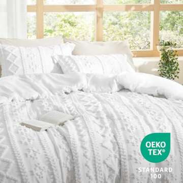 Bedsure Tufted Boho Comforter Set Queen Size - Bright White Boho Bed Set, GentleSoft™ 3 Pieces Farmhouse Shabby Chic Embroidery Bedding, Gifts for Woman, Soft Jacquard Queen Comforter for All Seasons