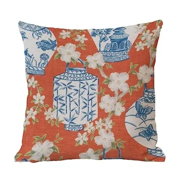 Blue Ginger jar Pillow Cover Ginger jar Decor Chinoiserie Inspired Asian Inspired Bright Decor 18x18 Cushion Cover Decortaive Pillowcase