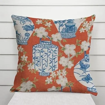 Blue Ginger jar Pillow Cover Ginger jar Decor Chinoiserie Inspired Asian Inspired Bright Decor 18x18 Cushion Cover Decortaive Pillowcase