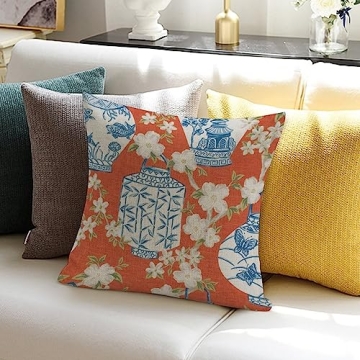 Blue Ginger jar Pillow Cover Ginger jar Decor Chinoiserie Inspired Asian Inspired Bright Decor 18x18 Cushion Cover Decortaive Pillowcase