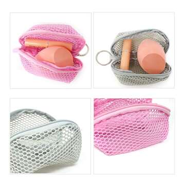 Honbay 2PCS Mesh Makeup Sponge Holder Containers Small Cosmetic Travel Zippered Toiletry Bags with Keyring for Makeup Sponge Puff Lipstick Keys Headphones