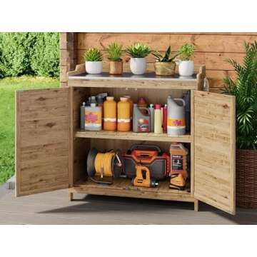 Gizoon Outdoor Potting Bench with Metal Tabletop, Outdoor Garden Patio Wooden Storage Cabinet with Adjustable Shelf, Double Doors Garden Work Bench for Backyard, Patio, Lawn - Natural