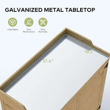 Gizoon Outdoor Potting Bench with Metal Tabletop, Outdoor Garden Patio Wooden Storage Cabinet with Adjustable Shelf, Double Doors Garden Work Bench for Backyard, Patio, Lawn - Natural